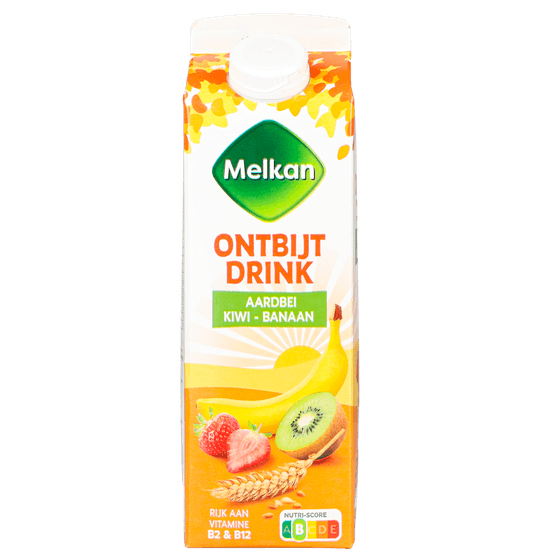 Foto van Melkan Ontbijtdrink aardbei-kiwi-banaan op witte achtergrond