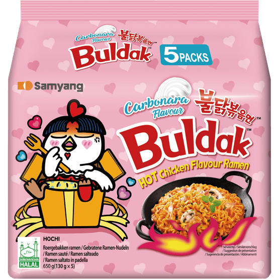 Foto van SAMYANG Buldak hot chicken ramen carbonara 5 stuks op witte achtergrond