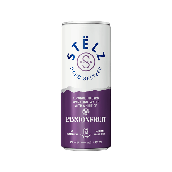 Foto van Stelz Hard seltzer passionfruit op witte achtergrond