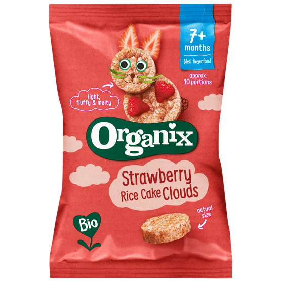 Foto van Organix Rijstwafelwolkjes bio aarbei op witte achtergrond