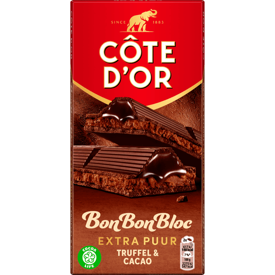 Foto van Côte d'Or Bonbonbloc puur truffel-cacao op witte achtergrond