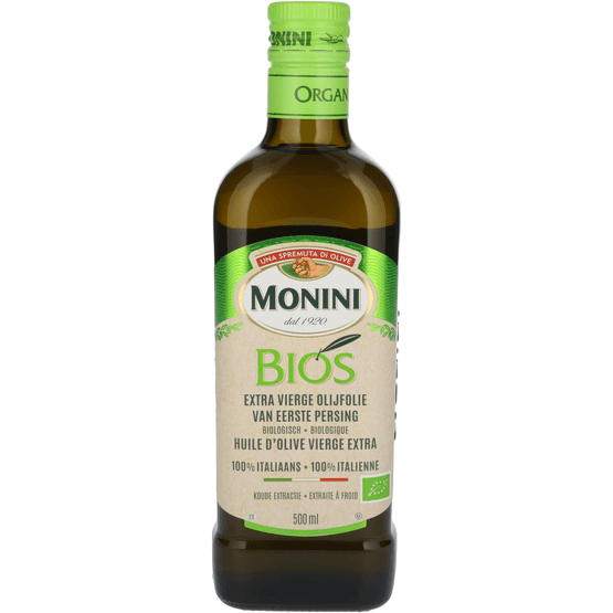 Foto van Monini Olijfolie bios extra vierge op witte achtergrond