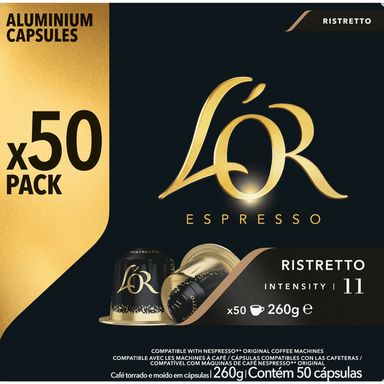 Foto van L'OR Koffiecups ristretto sterkte 11 op witte achtergrond