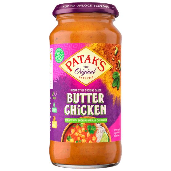 Foto van Patak's Butter chicken saus op witte achtergrond