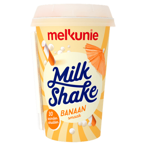 Foto van Melkunie Milkshake banaan op witte achtergrond