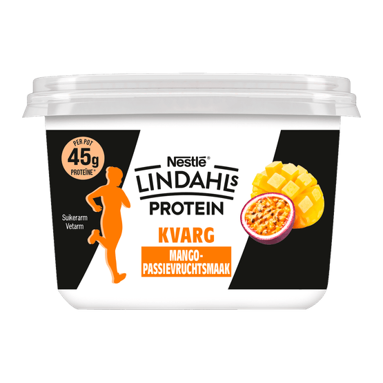 Foto van Lindahls Kvarg mango passievrucht op witte achtergrond