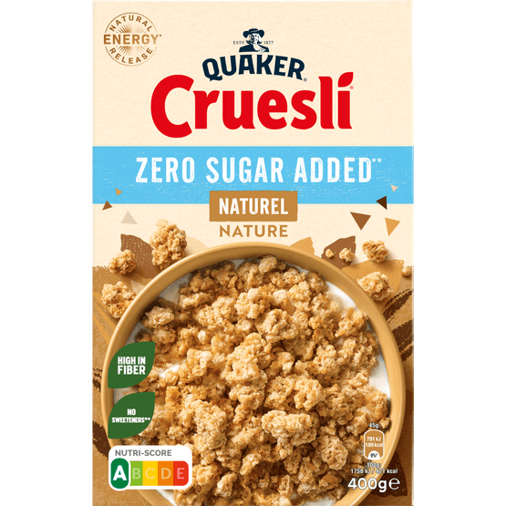 Foto van Quaker Cruesli zero sugar naturel op witte achtergrond