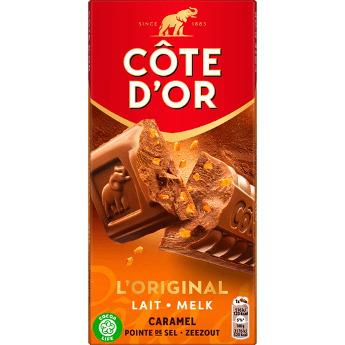 Foto van Côte d'Or Chocoladereep karamel zeezout op witte achtergrond