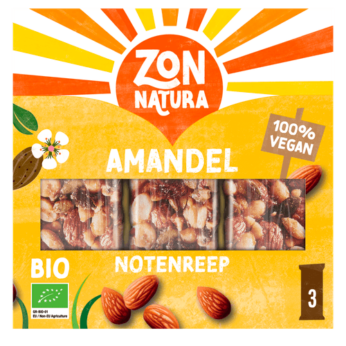 Foto van Zonnatura Biologische notenmix reep amandel 3 stuks op witte achtergrond