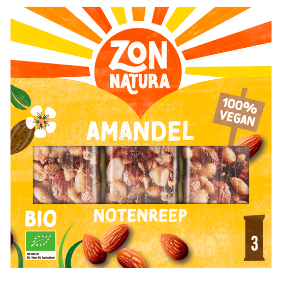 Foto van Zonnatura Biologische notenmix reep amandel 3 stuks op witte achtergrond