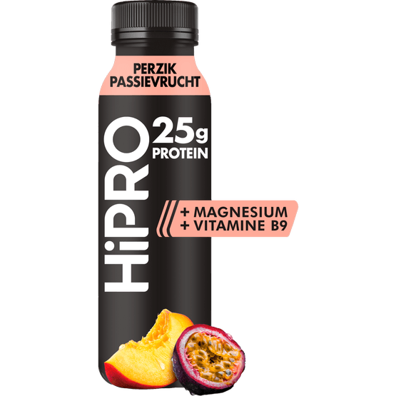 Foto van HiPRO Drink Perzik Passievrucht op witte achtergrond