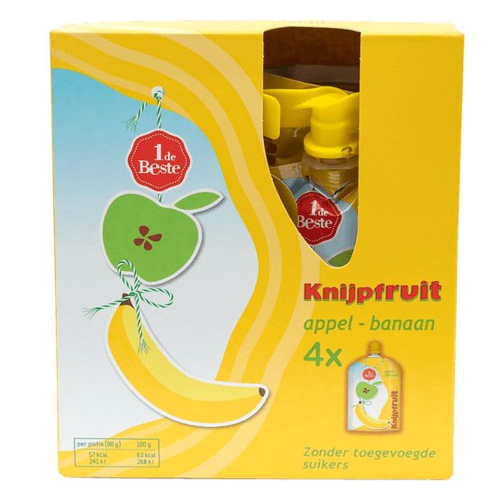 Foto van 1 de Beste Knijpfruit appel-banaan op witte achtergrond