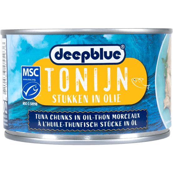 Foto van Deepblue Tonijnstukken in olie op witte achtergrond