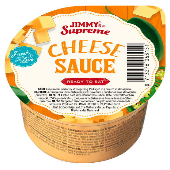 Foto van Jimmy's Cheese sauce op witte achtergrond