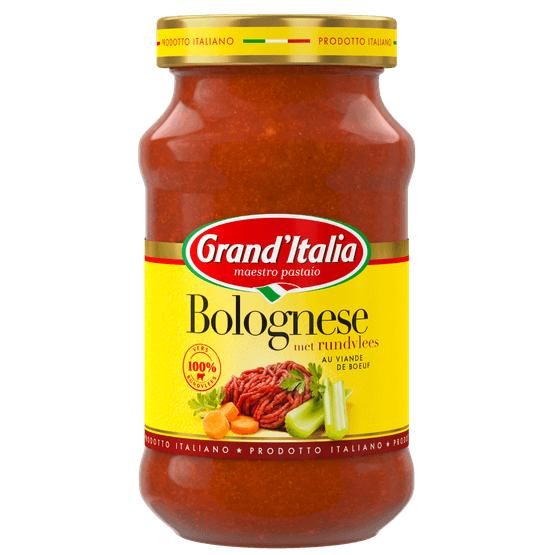 Foto van Grand'Italia Pastasaus bolognese op witte achtergrond
