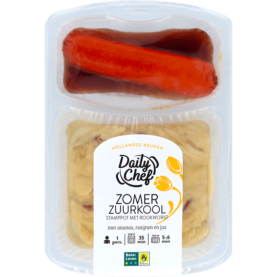 Foto van Daily Chef Zomerzuurkool stampot met rookworst op witte achtergrond