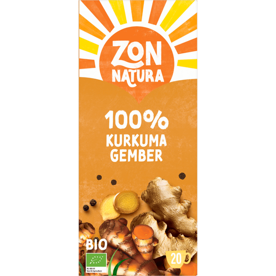 Foto van Zonnatura Biologische thee 100% kurkuma gember op witte achtergrond