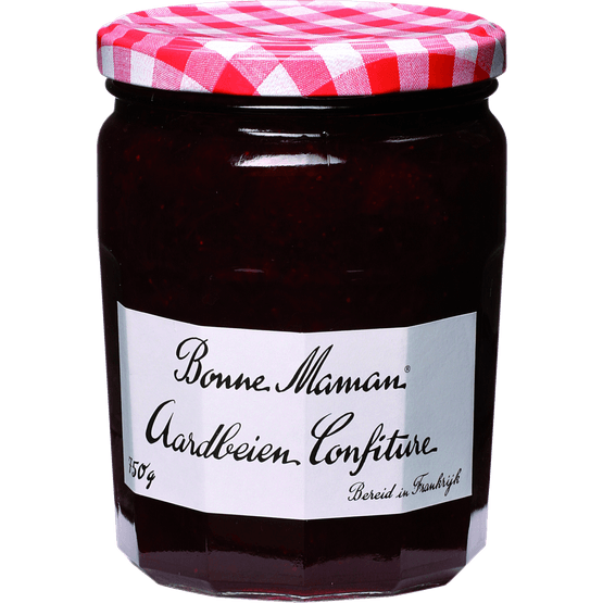 Foto van Bonne Maman Confiture aardbeien op witte achtergrond