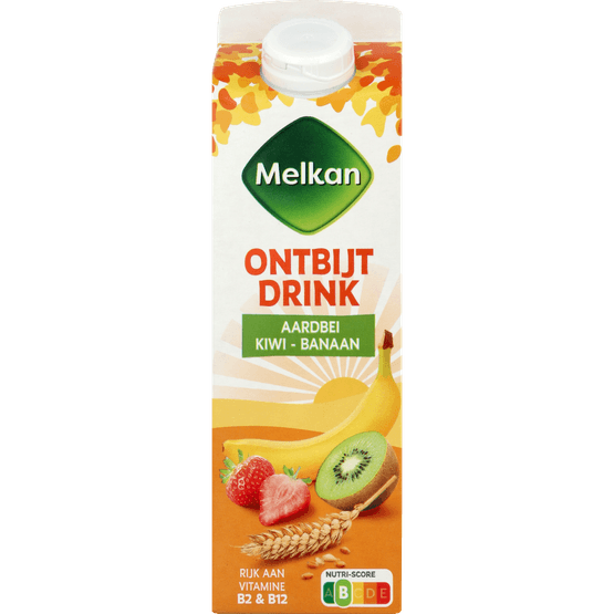 Foto van Melkan Ontbijtdrink aardbei-kiwi-banaan op witte achtergrond