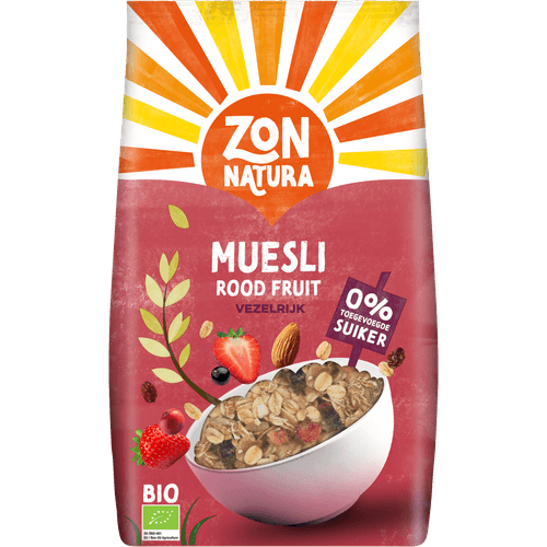 Foto van Zonnatura Muesli rood fruit vezelrijk op witte achtergrond