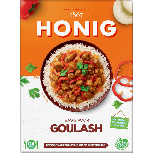 Foto van Honig Kruidenmix goulash op witte achtergrond