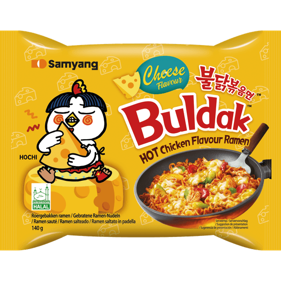 Foto van Samyang Buldak hot chicken ramen cheese op witte achtergrond