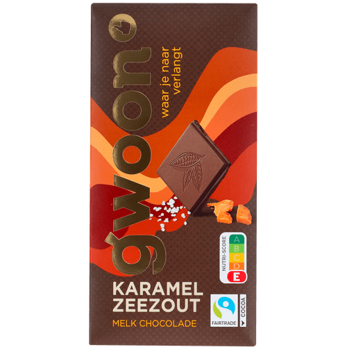 Foto van G'woon Chocoladereep melk karamel zeezout op witte achtergrond