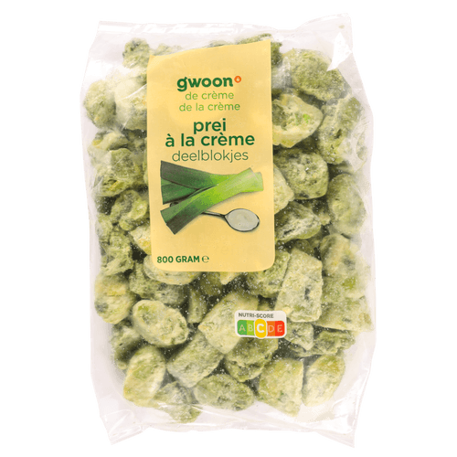 Foto van G'woon Prei a la creme deelblokjes op witte achtergrond
