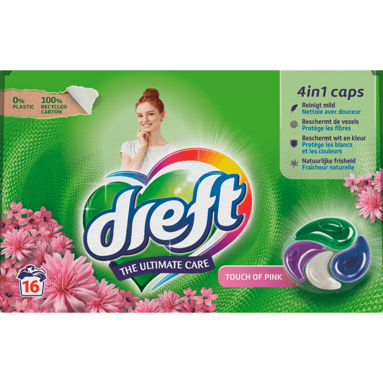 Foto van Dreft Wasmiddel capsules touch of pink op witte achtergrond