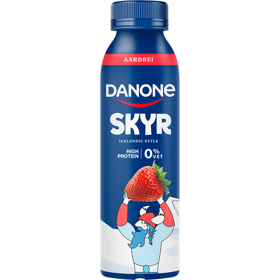 Foto van Danone Skyr drink aardbei op witte achtergrond
