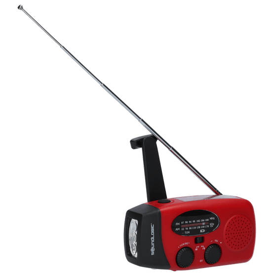 Foto van Soundlogic noodradio met powerbank en zaklamp op witte achtergrond
