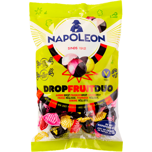 Foto van Napoleon Kogels duo drop en fruit op witte achtergrond