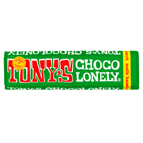 Foto van Tony's Chocolonely klein melk-hazelnoot op witte achtergrond