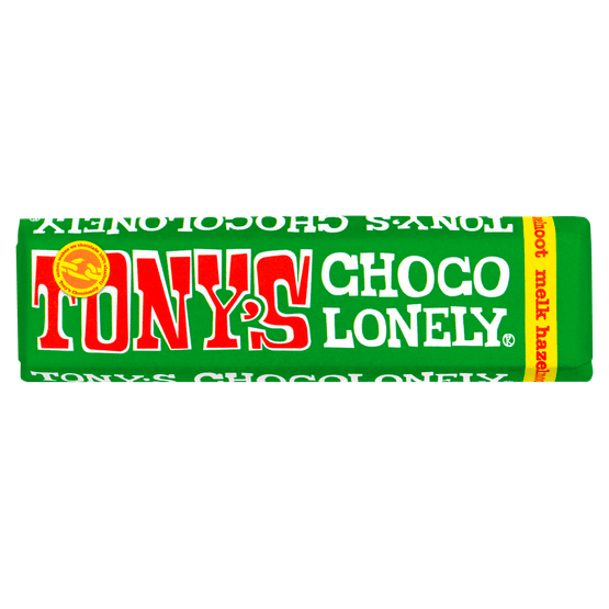Foto van Tony's Chocolonely klein melk-hazelnoot op witte achtergrond
