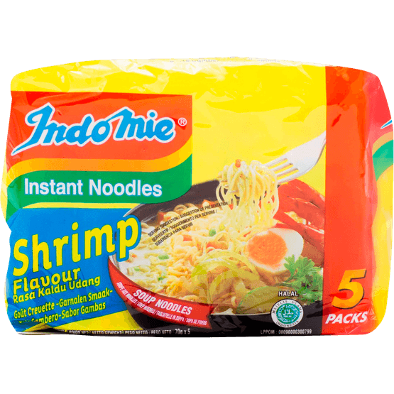 Foto van Indomie Noodles shrimp 5 stuks op witte achtergrond