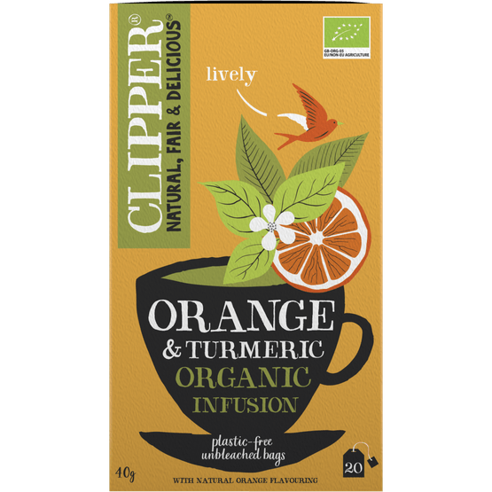 Foto van Clipper Kruidenthee orange-turmeric kop 20 zakjes op witte achtergrond