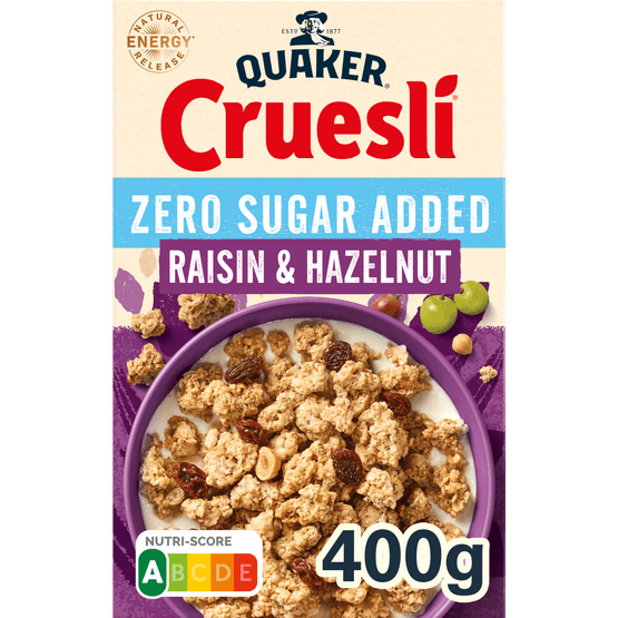 Foto van Quaker Cruesli zero sugar rozijn & hazelnoot op witte achtergrond