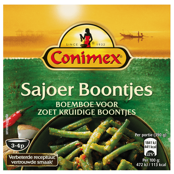 Foto van Conimex Boemboe sajoer boontjes op witte achtergrond