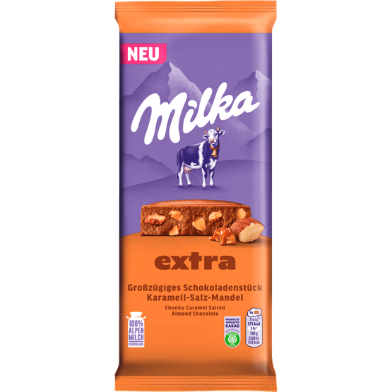 Foto van Milka Chocoladereep salted almond caramel op witte achtergrond
