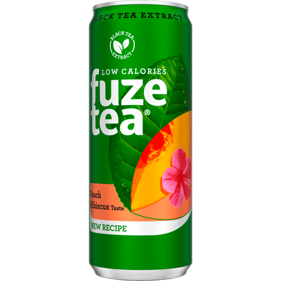 Foto van Fuze tea Black tea peach hibiscus 24x33 cl op witte achtergrond