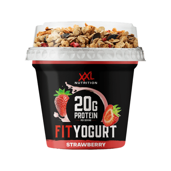 Foto van XXL Fit Yoghurt granola aardbei op witte achtergrond