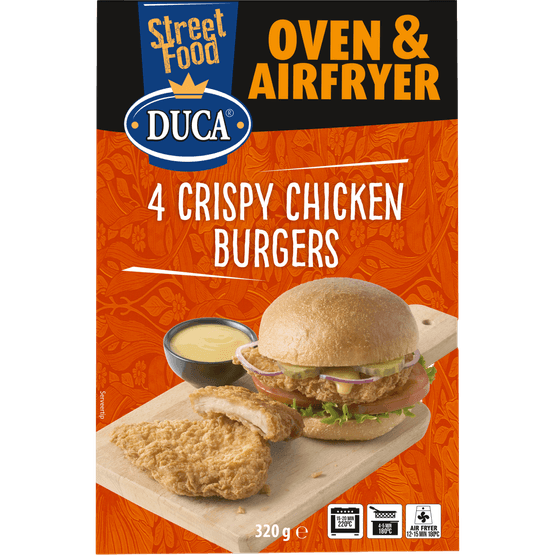 Foto van Duca Crispy chicken burgers 4 st. op witte achtergrond