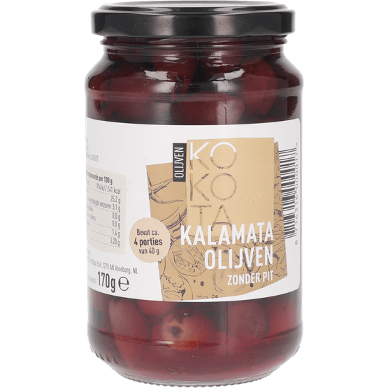 Foto van Kokota Kalamata olijven zonder pit op witte achtergrond