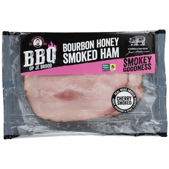 Foto van Bourbon honey smoked ham op witte achtergrond