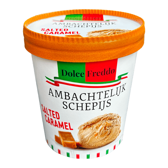 Foto van Dolce Freddo Salted caramel vegan ijs op witte achtergrond