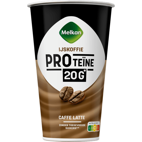 Foto van Melkan Ijskoffie protein op witte achtergrond