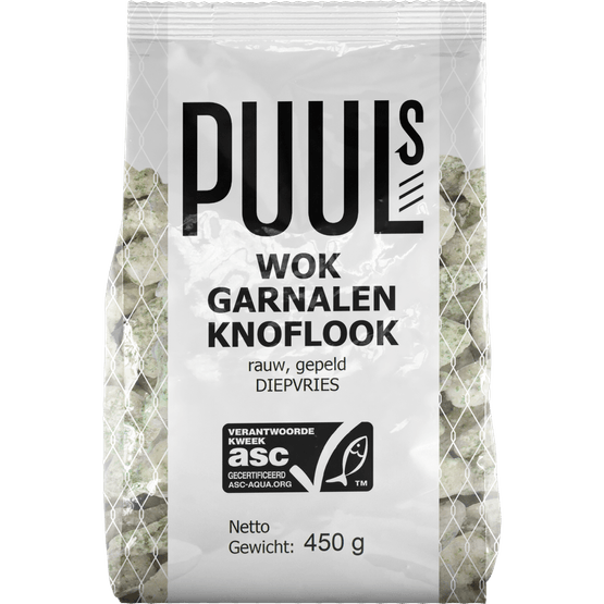 Foto van Klaas Puul Wok garnalen knoflook op witte achtergrond