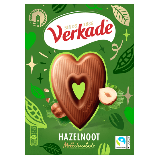 Foto van Verkade Chocolade hart melk hazelnoot op witte achtergrond