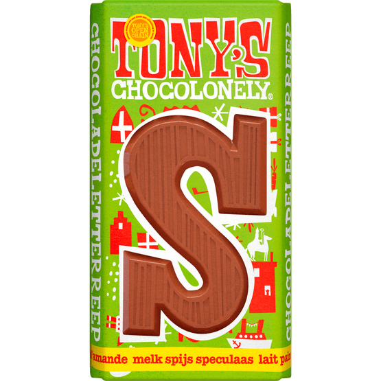 Foto van Tony's Chocoladeletter s melk spijs speculaas op witte achtergrond