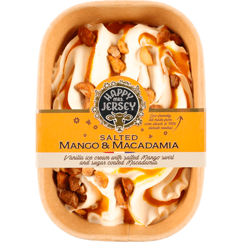 Foto van HAPPY MRS JERSEY Ijs mango macadamia op witte achtergrond